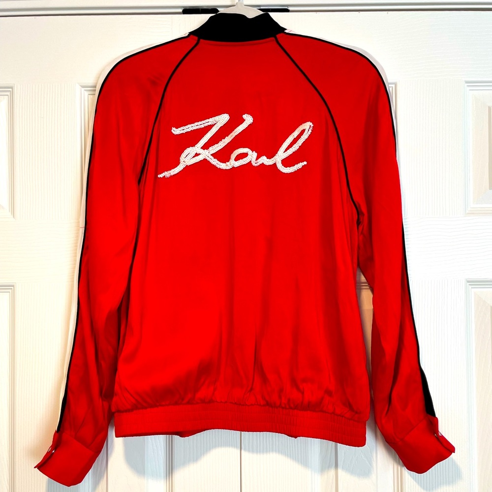 Karl Lagerfeld Red Track Jacket Sequin Script Logo Bomber Womens IT 44 EU 38
